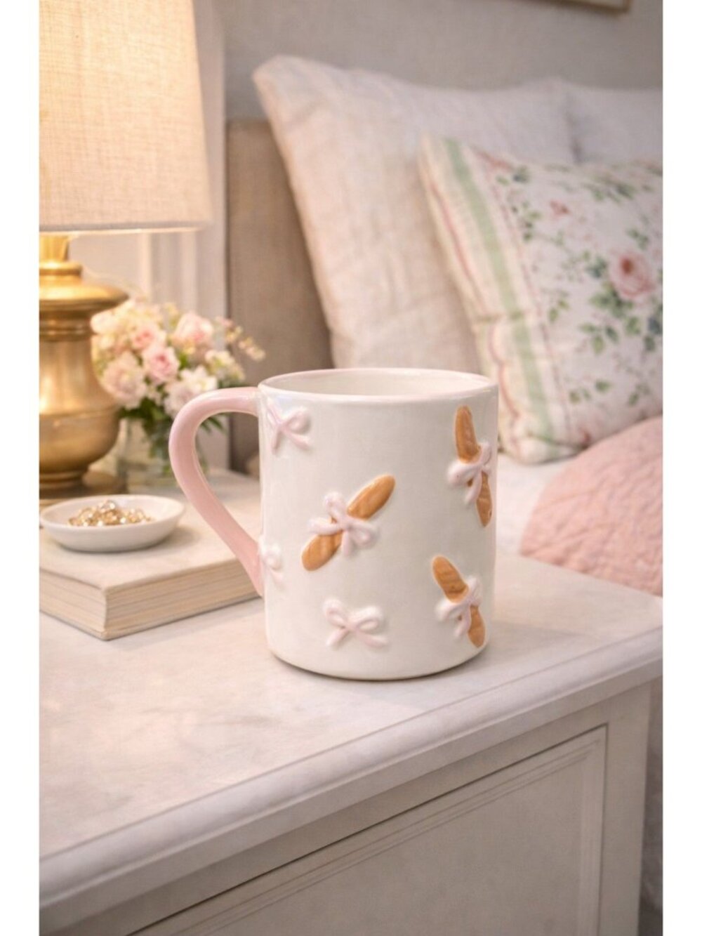 New French Bakery Style Mug Baguette & Pink Bow Bread Girly Coffee Mug Gift
